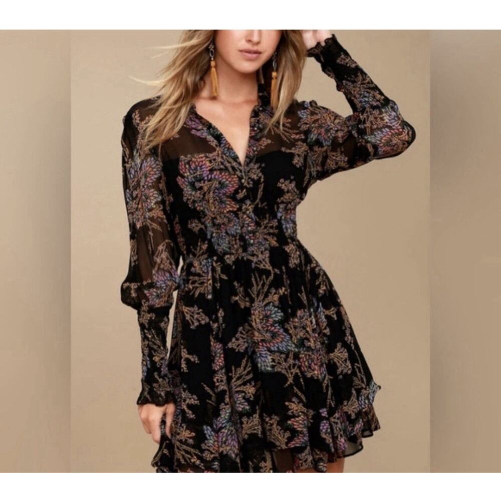 Free People Mini Dress Floral Chiffon Sheer OB677093 Black Combo Medium